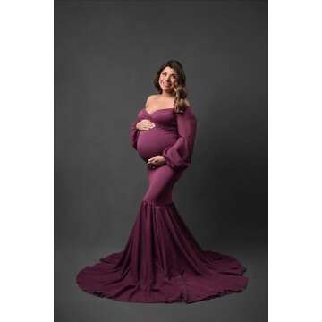 Saslax Long Chiffon Sleeve Tired Mermaid Maternity Dress for Photoshoot Photography Baby Shower Mauve 71 X Large
