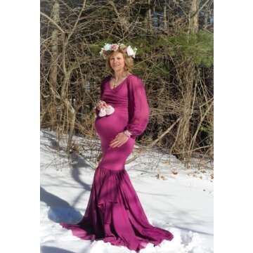 Saslax Long Chiffon Sleeve Tired Mermaid Maternity Dress for Photoshoot Photography Baby Shower Mauve 71 X Large