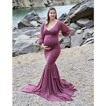 Saslax Long Chiffon Sleeve Tired Mermaid Maternity Dress for Photoshoot Photography Baby Shower Mauve 71 X Large