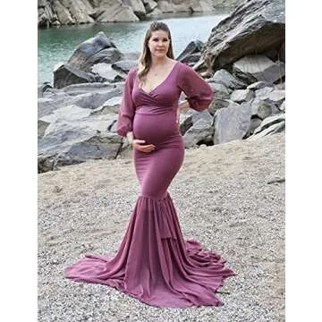 Saslax Long Chiffon Sleeve Tired Mermaid Maternity Dress for Photoshoot Photography Baby Shower Mauve 71 X Large