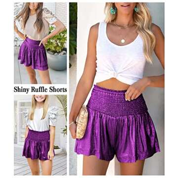 MIYIEONZ Women Sequin Shorts Cute High Waist Ruffle Flowy Sparkly Shiny Summer Casual Loose Glitter Club Party Shorts Purple