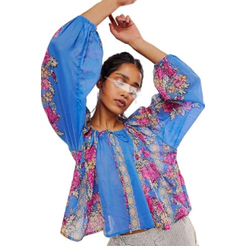 Women Y2k Floral Print Puff Long Sleeve Shirts Bow Tie Front Peplum Babydoll Tops Summer Casual Goin...