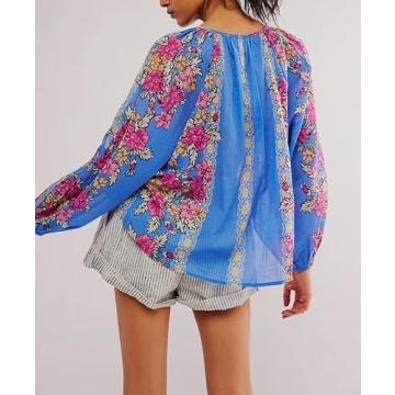 Women Y2k Floral Print Puff Long Sleeve Shirts Bow Tie Front Peplum Babydoll Tops Summer Casual Going Out Blouses