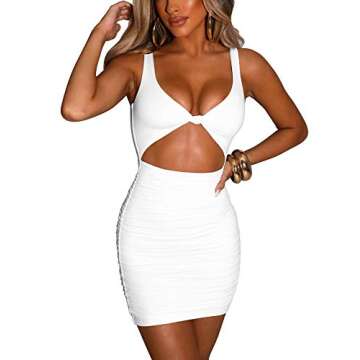 Kaximil Women's Sexy Bodycon Sleeveless Cut Out Ruched Tank Mini Club Party Dresses, Medium, White