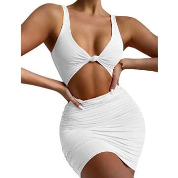 Kaximil Women's Sexy Bodycon Sleeveless Cut Out Ruched Tank Mini Club Party Dresses, Medium, White