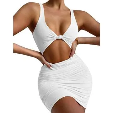 Kaximil Women's Sexy Bodycon Sleeveless Cut Out Ruched Tank Mini Club Party Dresses, Medium, White