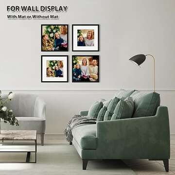 KINLINK 12x12 Picture Frames Black, Square Photo Frames with Plexiglass for Picture 8x8 with Mat or 12x12 without Mat, Composite Wood Picture Frames for Wall Mounting, Set of 4