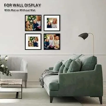 KINLINK 12x12 Picture Frames Black, Square Photo Frames with Plexiglass for Picture 8x8 with Mat or 12x12 without Mat, Composite Wood Picture Frames for Wall Mounting, Set of 4