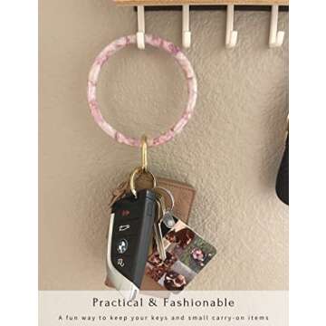Mymazn key Ring Bracelet Wristlet Keychain Bangle Keyring for Women, Acetate Round Key Chain (Pink)