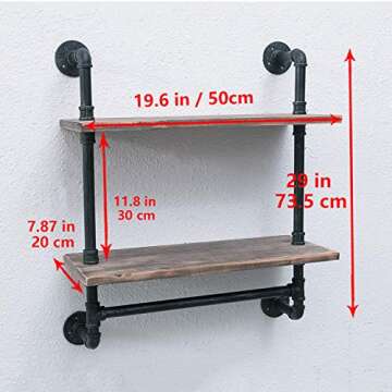 Industrial Pipe Shelf Bathroom Shelves Wall Mounted,19.6in Rustic Wood Shelf with Towel Bar,2 Tier F...