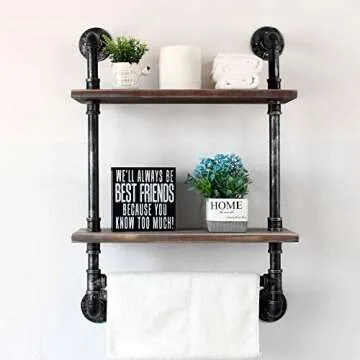 Industrial Pipe Shelf Bathroom Shelves Wall Mounted,19.6in Rustic Wood Shelf with Towel Bar,2 Tier Farmhouse Towel Rack Over Toilet,Pipe Shelving Floating Shelves Towel Holder,Retro Grey