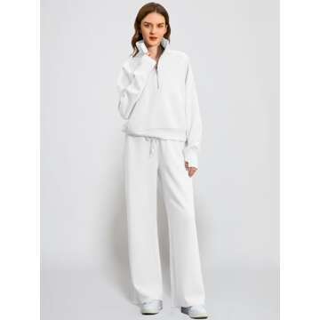 Casly Lamiit Womens Two Piece Outfits 2025 Fashion Half Zip Sweatshirt Wide Leg Sweatpant Lounge Matching Set Activewear Travel Clothes Fall Spring Set Sweatsuit Tracksuit White S