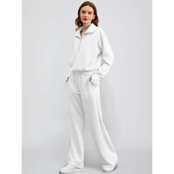 Casly Lamiit Womens Two Piece Outfits 2025 Fashion Half Zip Sweatshirt Wide Leg Sweatpant Lounge Matching Set Activewear Travel Clothes Fall Spring Set Sweatsuit Tracksuit White S