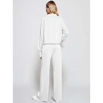 Casly Lamiit Womens Two Piece Outfits 2025 Fashion Half Zip Sweatshirt Wide Leg Sweatpant Lounge Matching Set Activewear Travel Clothes Fall Spring Set Sweatsuit Tracksuit White S