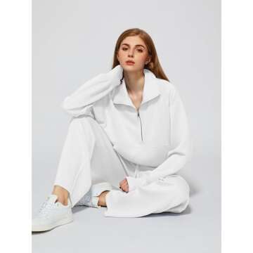 Casly Lamiit Womens Two Piece Outfits 2025 Fashion Half Zip Sweatshirt Wide Leg Sweatpant Lounge Matching Set Activewear Travel Clothes Fall Spring Set Sweatsuit Tracksuit White S