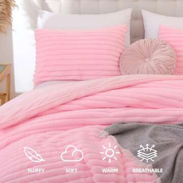 Smoofy Fluffy Queen Comforter Set 3 Pieces - Pink Fleece Fluffy Comforter Set, Luxury Fuzzy Bed Set,...