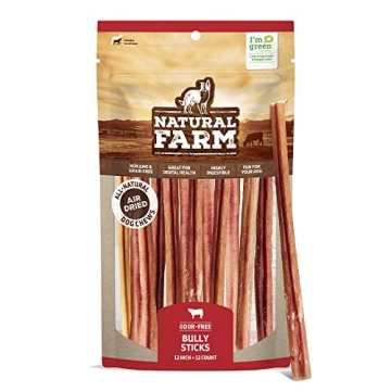Natural Farm Odor-Free Bully Sticks (12 Inch, 12 Pack), 1.2 lbs. Per Bag, 100% Beef Pizzle Chews, Gr...