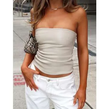OZICERD PU Faux Leather Tube Top Strapless Going Out Tops for Women Sexy Club Top Rave Concert Outfit Ruched Bandeau Crop Top Cream Beige S