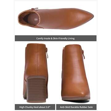 Vepose Women's Ankle Booties Pointed Toe, Block Chunky Heel Boots, 9631 - Brown, Size 7 US, with Side Zipper (CJY9631 Brown 07)