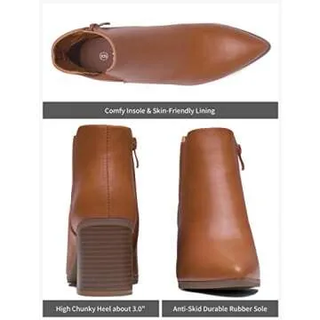 Vepose Women's Ankle Booties Pointed Toe, Block Chunky Heel Boots, 9631 - Brown, Size 7 US, with Side Zipper (CJY9631 Brown 07)