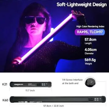 VILTROX K60 2 Pack Large Handheld Stick Light, 32Wh Rechargeable Battery 20W 1950lm RGB LED Video Light w PD Fast Charging CRI 97+ 2500K-8500K LCD Display, 22.8" Tube Light for Photography Light Wand