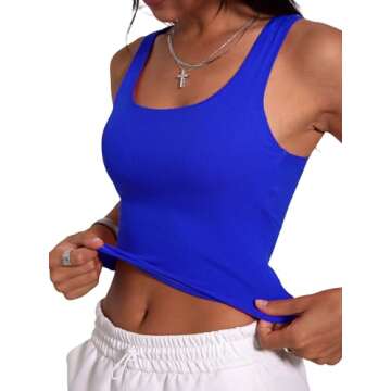 Danysu Women Cotton Rib Tank Top with Built in Bra Square Neck Crop Tank Fitted Basic Tops Klein Blue M