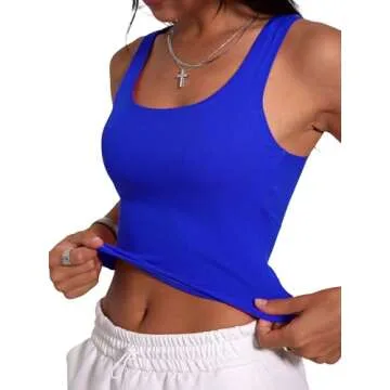 Danysu Women Cotton Rib Tank Top with Built in Bra Square Neck Crop Tank Fitted Basic Tops Klein Blue M