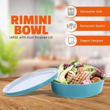 IMPULSE! Rimini Large Teal Bowl - Dual-Purpose Lid/Plate, Dishwasher Safe, Meal Prep, Pasta, Fruits, Salad, Melamine Serving Bowl,Microwave Safe Plastic Bowls - 10.3 × 10.3 × 2.7 inches