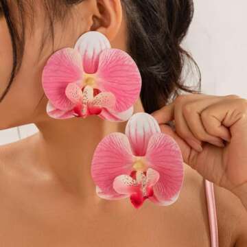 Bethynas Large Butterfly Orchid Flower Stud Earrings - Bridal Beach Party Jewelry for Women (Pink)