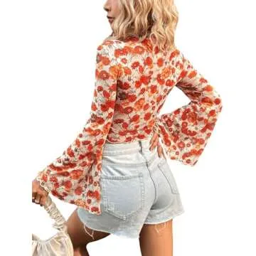 Verdusa Women's Bell Sleeve Lettuce Trim Mock Neck Floral Mesh Top Crop T Shirt Red Multi Large