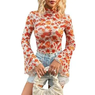 Verdusa Women's Bell Sleeve Lettuce Trim Mock Neck Floral Mesh Top Crop T Shirt Red Multi Large