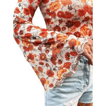 Verdusa Women's Bell Sleeve Lettuce Trim Mock Neck Floral Mesh Top Crop T Shirt Red Multi Large