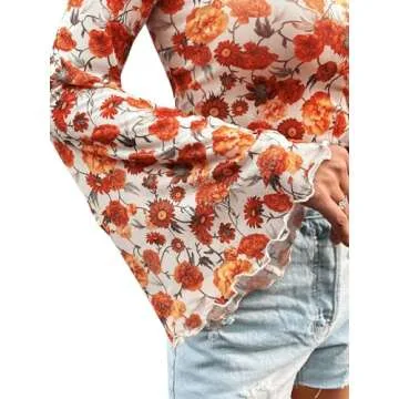 Verdusa Women's Bell Sleeve Lettuce Trim Mock Neck Floral Mesh Top Crop T Shirt Red Multi Large