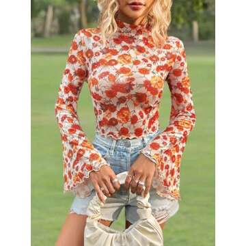 Verdusa Women's Bell Sleeve Lettuce Trim Mock Neck Floral Mesh Top Crop T Shirt Red Multi Large