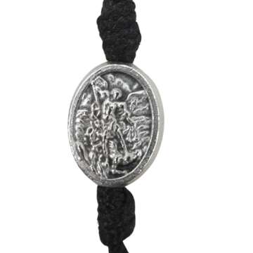 Needzo Black Saint Michael the Archangel Adjustable Cord Bracelet with Silver Tone Medal, Catholic Religious Protection Jewelry Keepsake Gift, One Size