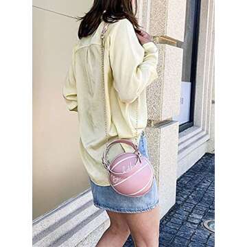 QZUnique Basketball Shaped Cross Body Bag Round Handbag PU Leather Messenger Shoulder Bag Personality Purses for Women Pink