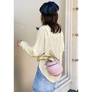 QZUnique Basketball Shaped Cross Body Bag Round Handbag PU Leather Messenger Shoulder Bag Personality Purses for Women Pink