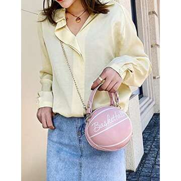 QZUnique Basketball Shaped Cross Body Bag Round Handbag PU Leather Messenger Shoulder Bag Personality Purses for Women Pink
