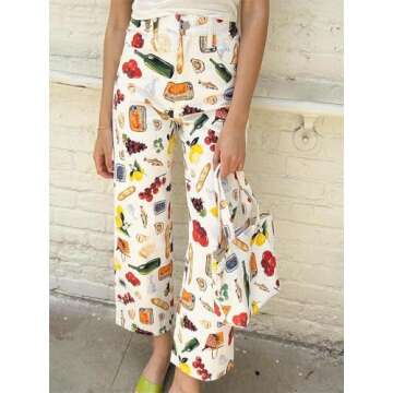 Alyweatry Women BUON Appetito Print Jeans High Waist Straight Leg Summer Fruit Tapas Print Denim Pants (Creamy White, L), Large
