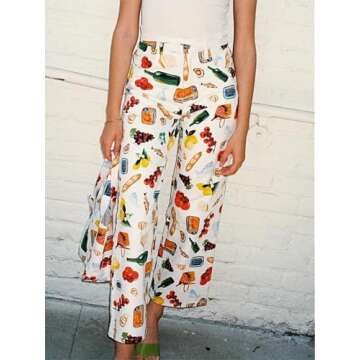 Alyweatry Women BUON Appetito Print Jeans High Waist Straight Leg Summer Fruit Tapas Print Denim Pants (Creamy White, L), Large