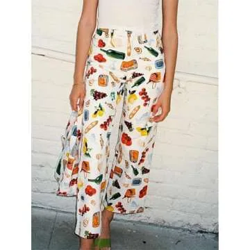 Alyweatry Women BUON Appetito Print Jeans High Waist Straight Leg Summer Fruit Tapas Print Denim Pants (Creamy White, L), Large