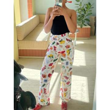 Alyweatry Women BUON Appetito Print Jeans High Waist Straight Leg Summer Fruit Tapas Print Denim Pants (Creamy White, L), Large