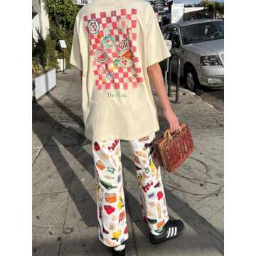 Alyweatry Women BUON Appetito Print Jeans High Waist Straight Leg Summer Fruit Tapas Print Denim Pants (Creamy White, L), Large