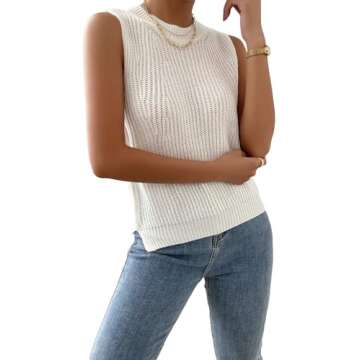 Verdusa Women's Slit Hem Sleeveless Round Neck Knitted Sweater Vest Tank Top White M