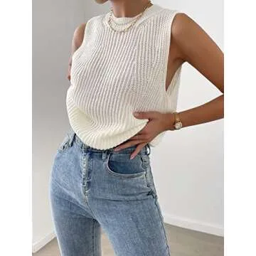 Verdusa Women's Slit Hem Sleeveless Round Neck Knitted Sweater Vest Tank Top White M