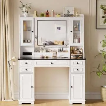 PAKASEPT Vanity Desk with Mirror and Lights, Makeup Vanity with 3 Lighting Modes& Charging Station, 5 Drawers, 4 Cabinets, Farmhouse Bedroom Vanitys for Women, Girls, Teens