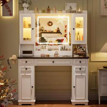 PAKASEPT Vanity Desk with Mirror and Lights, Makeup Vanity with 3 Lighting Modes& Charging Station, 5 Drawers, 4 Cabinets, Farmhouse Bedroom Vanitys for Women, Girls, Teens