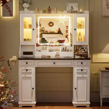 PAKASEPT Vanity Desk with Mirror and Lights, Makeup Vanity with 3 Lighting Modes& Charging Station, 5 Drawers, 4 Cabinets, Farmhouse Bedroom Vanitys for Women, Girls, Teens