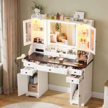 PAKASEPT Vanity Desk with Mirror and Lights, Makeup Vanity with 3 Lighting Modes& Charging Station, 5 Drawers, 4 Cabinets, Farmhouse Bedroom Vanitys for Women, Girls, Teens