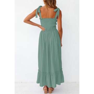ZESICA Women's Summer Boho Spaghetti Strap Square Neck Solid Color Ruffle A Line Beach Long Maxi Dress,Green,Medium